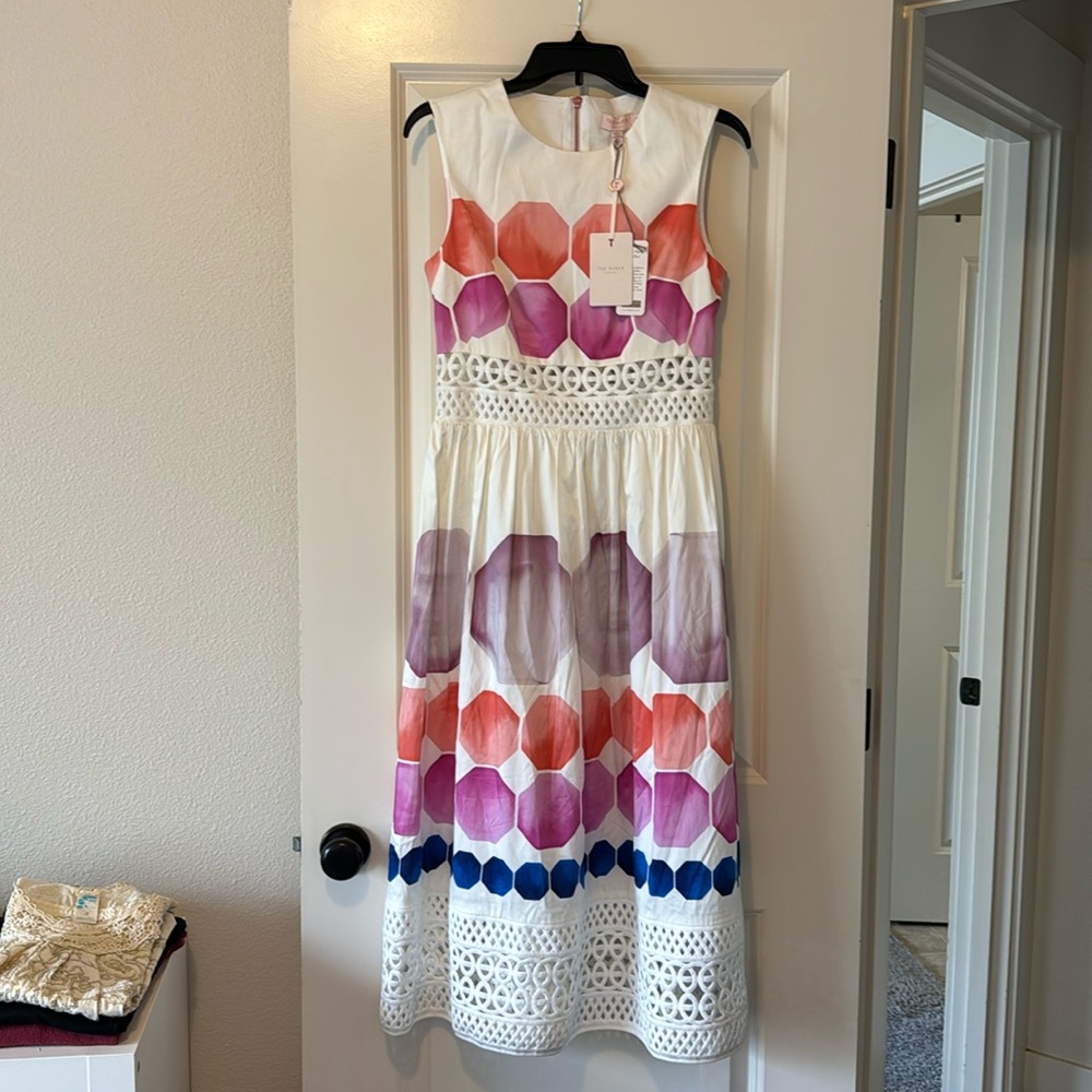 Ted Baker sleeveless, midi dress purple blue orange size 2. NWT